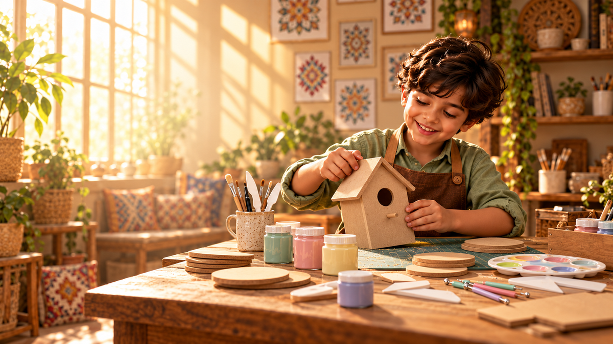 Navya with MDF craft surfaces and art materials in a sunlit studio