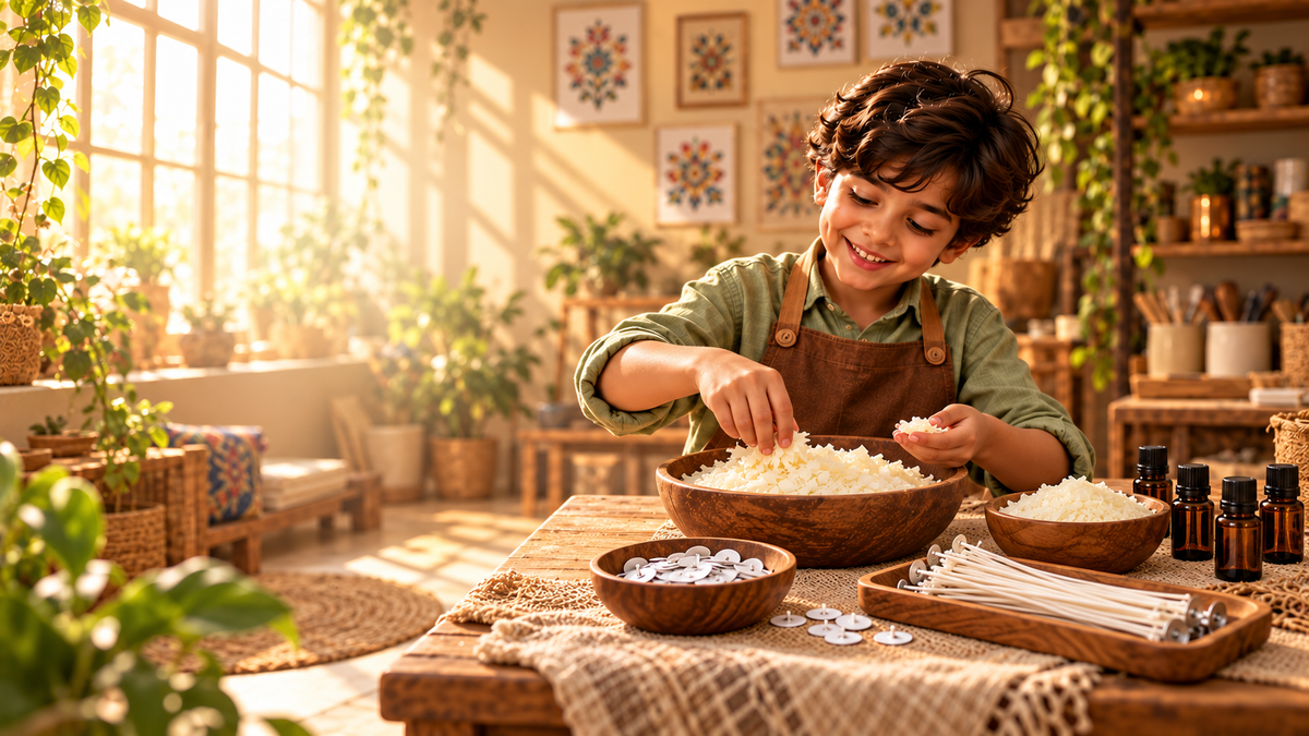 Navya exploring soy wax and candle-making materials in a sunlit studio