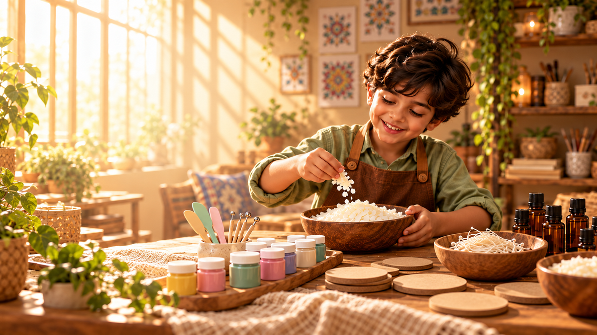 Navya exploring candle and art materials in a sunlit craft studio